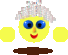 Yellow circular face with blue eyes, orange nose, red mouth; white hair bow; brown ground shape; yellow shapes on sides.