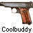 Pixelated static image of a handgun with brown grip and metallic barrel, positioned horizontally above pixelated text reading "Coolbuddy" on white background.