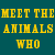 Teal background with yellow text and four small images: top-left animals in cage, top-right elephant head, bottom-left person walking, bottom-center website URL.