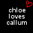A black background displays two identical pixelated text blocks reading 'chloe loves callum' with a red heart symbol above the left block.
