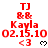 Red text and symbols on white background with gray rectangle, showing repeated 'TJ', 'B&B', 'Kayla', '02.15.10', '<3', and heart icons in