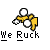 Pixel art of a yellow figure with white circular head and limbs, performing actions under text phrases on gray background.