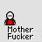 Pixel art animation of a red-shirted figure with white face, blue ice-like container, and gray rock fragments, with repeated text "Mother Fucker" below each frame.