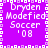 Purple background with white pixelated text reading 'Dryden Modefied Soccer '08' in four identical quadrants, bordered by a white pixelated frame with alternating square patterns.