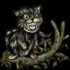 Animated sequence of a grinning cat-like creature on a curved branch with leaves, showing facial expression changes and partial body visibility.