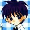 Chibi-style anime character with dark purple spiky hair, large dark eyes, and rosy cheeks, wearing a white collared shirt with a black tie against a blue and white checkered background.