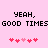Pixelated text and heart symbols on a pink background with black lettering.