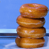 Stack of glazed donuts with text 'EAT ME' on blue background, varying stack height across frames.