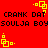 Red background with black pixelated text reading "CRANK DAT CRANK DAT SOULJA BOYSOULJA BOY" and yellow square-based animated icons in four corners.