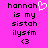 Pixelated text on bright pink background with a white heart symbol replacing the 'o' in 'hannah' on the left side.
