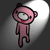 Pixelated pink cartoon character with rounded head and ears, white eyes, red mouth, standing under spotlight on dark background.
