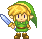 Pixel art character with green tunic, brown boots, and green hat holding blue sword in two poses against gray background.