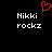 Red pixelated heart symbol above white text 'Nikki rockz' on black background, displayed in two identical side-by-side