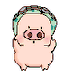 A cartoon pig with a green polka-dot swim cap and goggles in six distinct poses against a gray background.