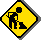 Four yellow diamond-shaped warning signs with black borders show a construction worker figure in various pixelated poses against a gray background.