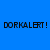 Blue background with black pixelated text reading 'DORKALERT!' in a blocky font, where the first letter is partially obscured.