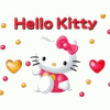 Hello Kitty character in red dress with pink bow, surrounded by hearts and gold dots on white background.