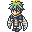 Pixel art contact sheet of a character with green hair and yellow halo across seven frames showing facial expression changes from open eyes to closed eyes.