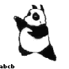 Black-and-white cartoon panda in nine distinct poses with arms raised or extended, each labeled 'abcb' below on gray background.