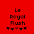 Red background with black text "Le Royal Flush" and five heart symbols, where the third symbol changes from red to black between frames.