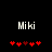 Pixelated text 'Miki' above red heart symbols on a black background, with one heart changing color between frames.