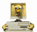 Animated cartoon character with yellow face and orange nose holding a beige computer, displaying multiple facial expressions and head movements.