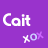 A 4-frame animated contact sheet showing a purple background with white text 'Cait' and floating 'xox' symbols in varying colors across frames.
