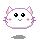Pixelated white cat head with pink inner ears and cheeks, black eyes, gray mouth, purple outline on light gray background.
