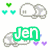 Pixelated icon with gray cloud-like shape, green hearts above, purple hearts below, and 'Jen' text in varying colors.
