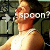Pixelated image of a person in profile wearing white with text 'spoon?' overlaid on the face against a dark background.