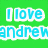 Green background with blue text reading "I love Andrew" and "forever!" above a beach scene with two heart shapes drawn in sand.