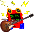 Red robot with yellow eyes and blue feet holds brown electric guitar, green screen displays changing numbers amid yellow lightning bolts on gray background.