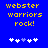 Blue background with yellow pixelated text reading 'webster warriors rock!' and five white plus signs below, one of which is light purple in the second frame.