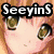 Pixelated anime-style face with large brown eyes and light brown hair, overlaid with text "SeeyinS" in bold black outline font.
