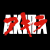 Pixelated red and white text on black background with red brush strokes over white letters.