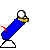 Pixelated blue cylindrical figure with white base and head, holding yellow object that emits red lines in first frame, then releases it into small floating piece.