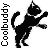 Animated contact sheet of a black cat mascot performing a jumping pose across 11 frames, with repeated "Coolbuddy" text on the left and right edges against a gray background.