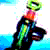 Pixelated figure with green glowing head, red torso, and black limbs against blue water background.