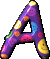Three animated frames of a purple letter A-shaped balloon with colorful polka dots and smiley faces on gray background.