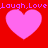 Red background with four pink hearts and purple text reading 'Laugh,Love' repeated twice horizontally.