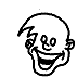 Black-and-white cartoon face with wide open mouth and closed eyes, next to same face with speech bubble containing 'JOY!' text.