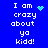 Blue background with white pixelated text reading "I am crazy about ya kidd!" and animated cyan symbols changing across four views.