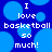 Blue background with light blue circles and white pixelated text reading "I love basketball so much!" in two identical vertical
