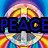 Two identical psychedelic peace signs with rainbow halos and blue text reading PEACE LOVE against a multicolored background.
