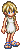 Pixel art character icon with blonde hair, blue eyes, white dress, and blue sandals on gray background.