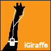 Black giraffe silhouette with white earbuds and an iPod on an orange background, with 'iGiraffe' text in white pixelated font.