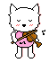 Pixel art contact sheet of a white cat-like character playing violin in two animation frames with pink blush, closed eyes, and musical notes.