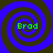 Four identical spiral patterns with blue and black concentric circles, each containing green text reading 'Brod' on a dark background.