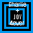 Four identical square icons with blue and black borders display 'Charlie' text above a plus sign, 'JOY', and '4ever' in white pixelated font.