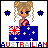 Pixel art contact sheet showing three animated frames of a cartoon character with blonde hair and blue eyes standing behind an Australian flag, displaying star color changes from black to red to white.